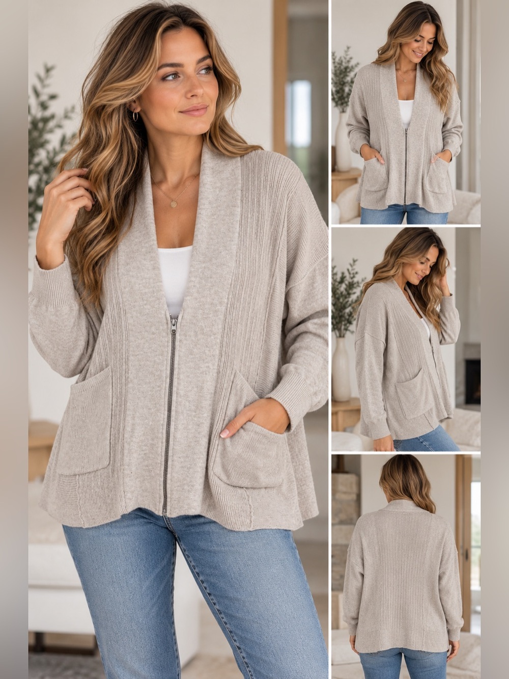 Abercrombie & Fitch Oatmeal Ribbed Zip Cardigan Sweater XS Quiet Luxury Cozy